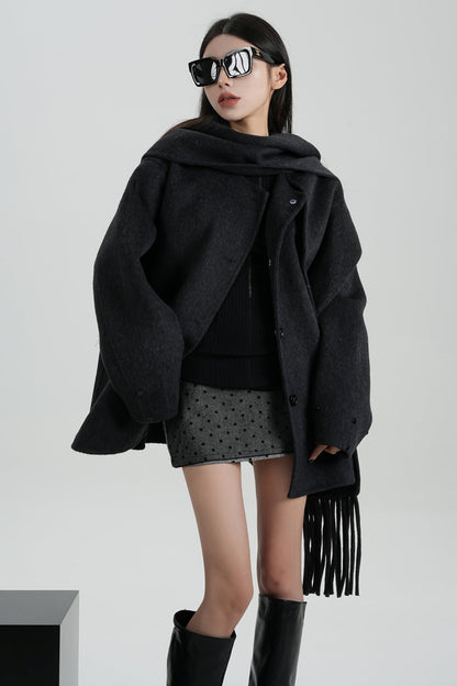 Fox Fur Sleeve Mid-Length Wool Coat