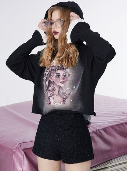 Stitching Print Black Hoodie Top