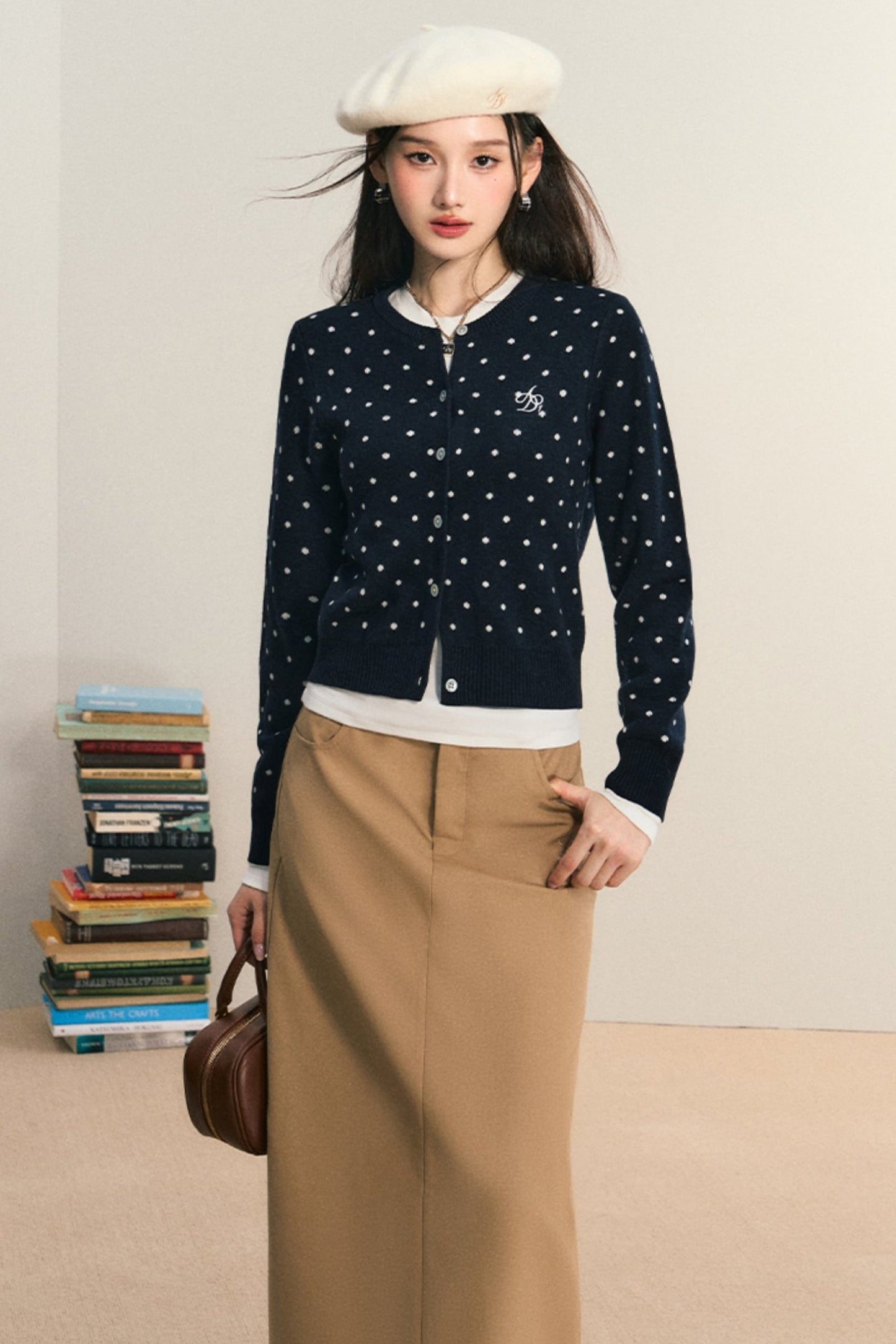 Polka Dot Crew Neck Cardigan