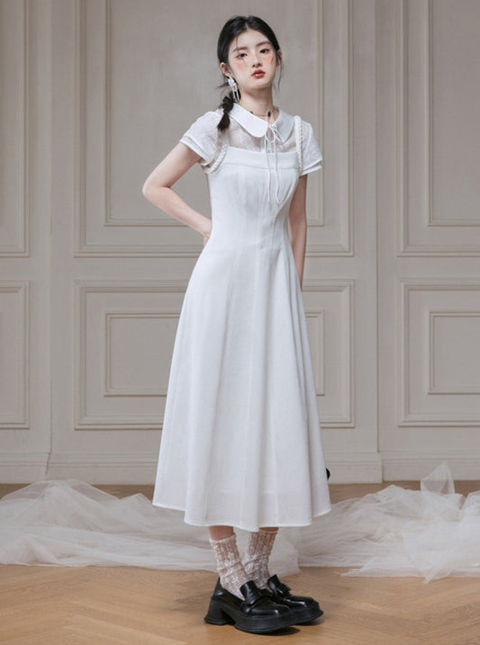 White Lace Shirt Cinched Dress Set-Up