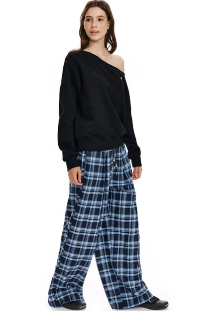 Checked Loose Wide-Leg Pants