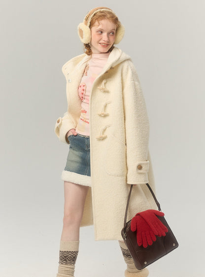 Long thicked hooded horn-buttoned tweed coat