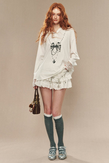 Lace Spliced Hooded Sweatshirt