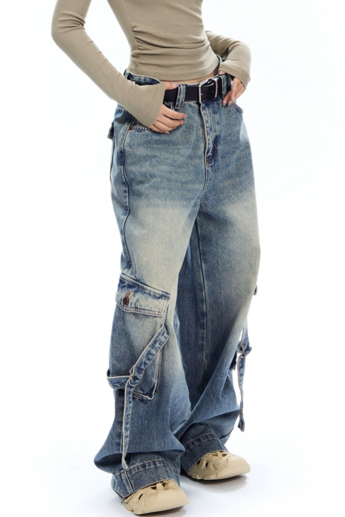 APEA American Retro Wash Distressed Cargo Jeans Women's Fall 2024 New Loose Straight Wide Leg Pants