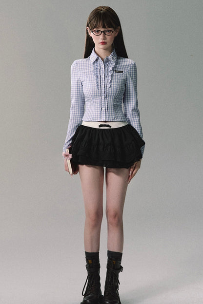 Blue White Plaid Shirt Skirt Set-Up