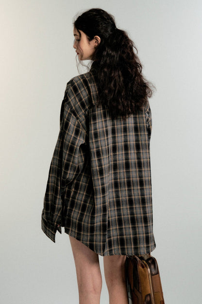 Color-Block Loose Check Long-Sleeed Shirt