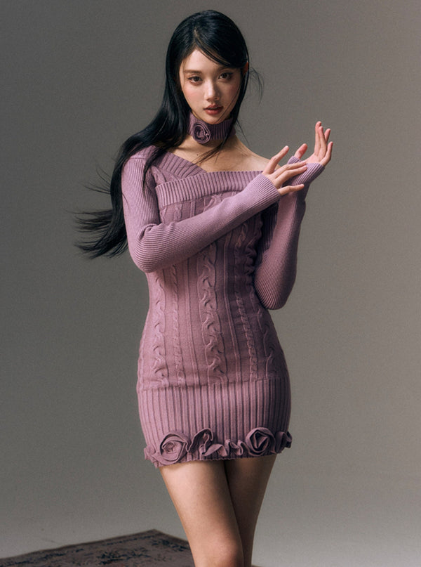 Slim-Fitting Wool Knit Floral Dress