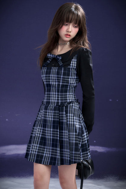 블루와 블랙 체크 가짜 투피스 드레스 