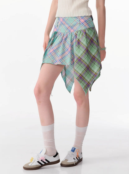 Irregular Panel Cropped Plaid Skirt