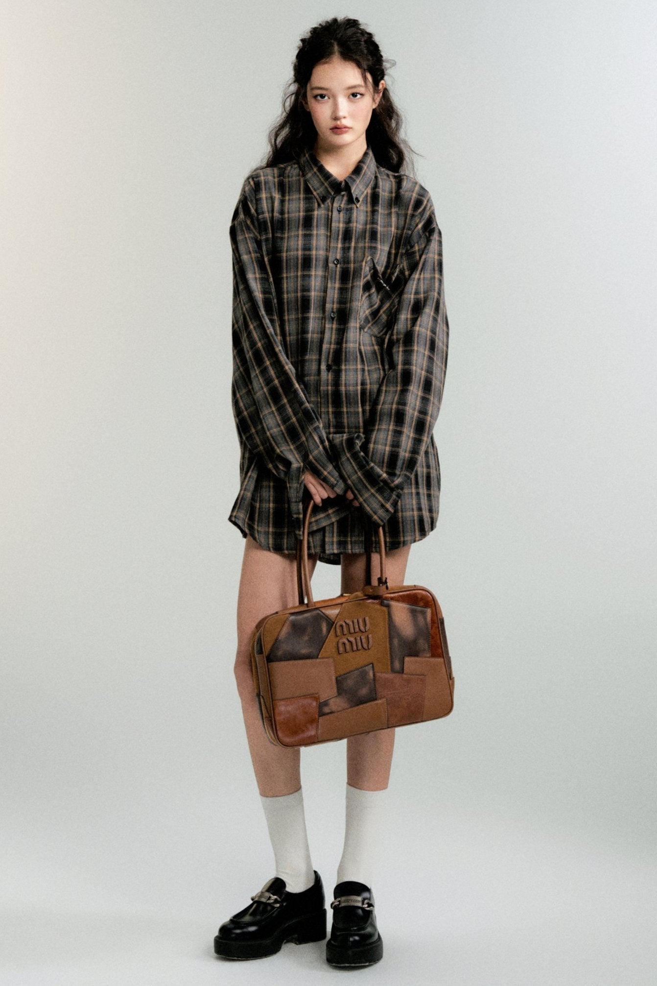 Color-Block Loose Check Long-Sleeed Shirt