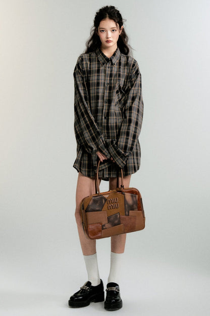 Color-Block Loose Check Long-Sleeed Shirt