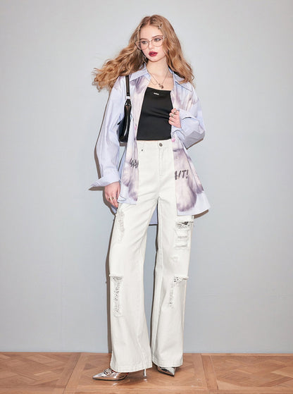 Chic Ripped High-Waist White Denim Pants