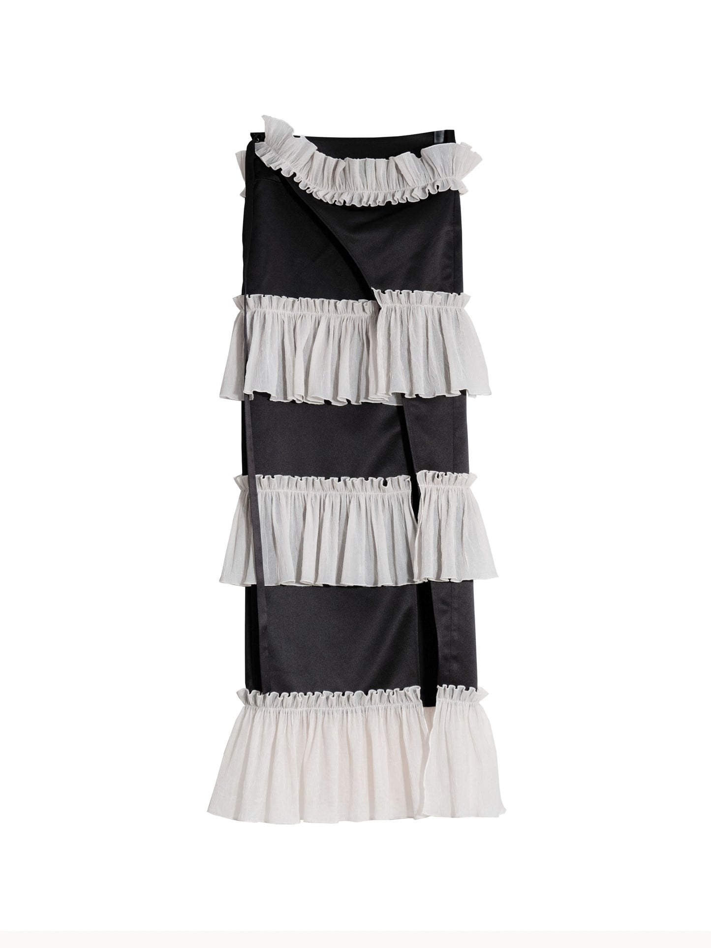 JNYLON-24SS Retro Hottie Side High Fork Sexy Legless Ruffles Contrasting Black and White Texture Maxirock