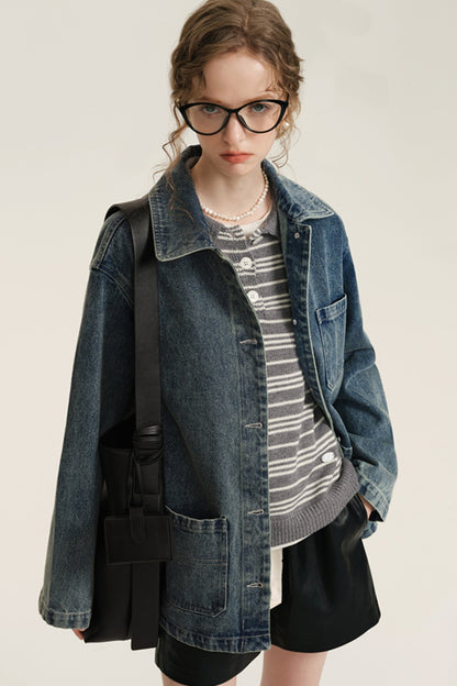 Vintage Washed Denim Cargo Coat