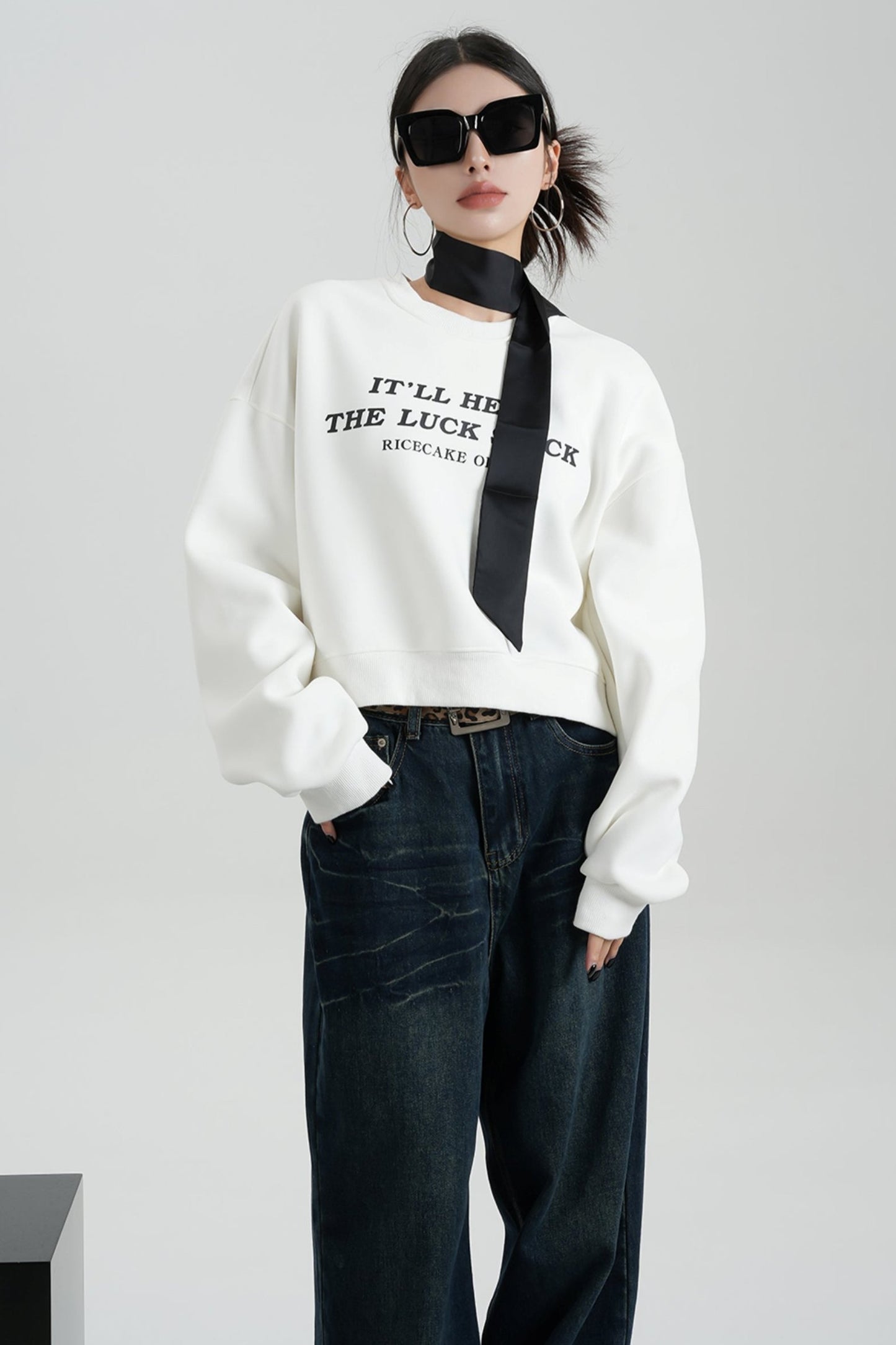 Alphabet Cropped Fleece Crew Neck Sweatshirt