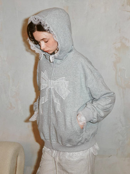 Grey Hooded Sweatshirt Loose Coat