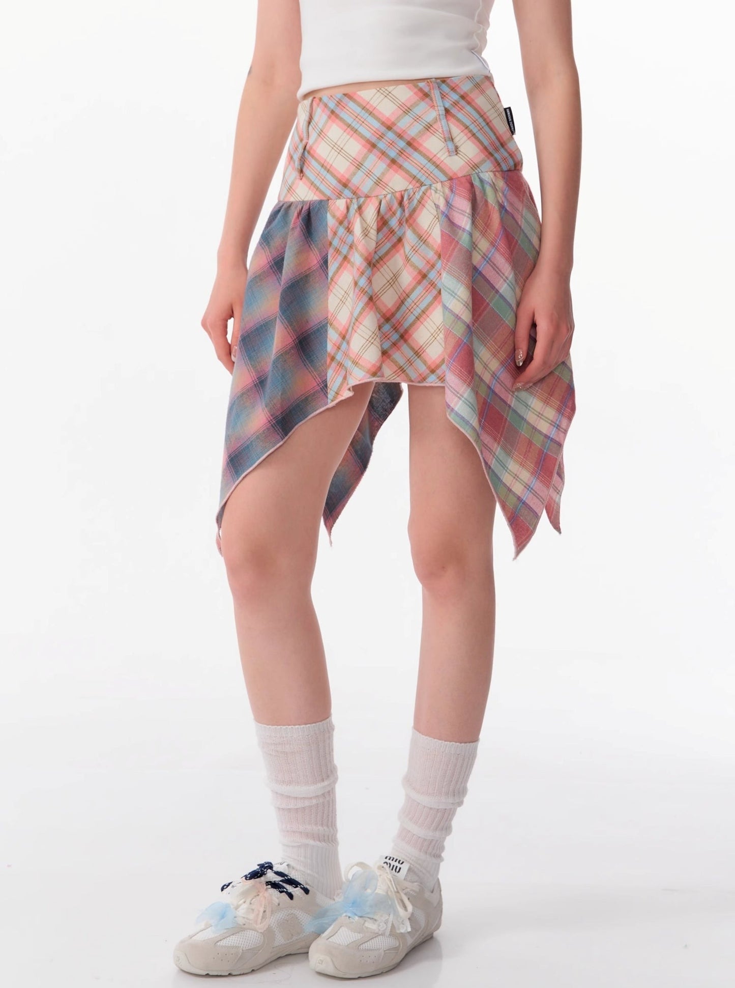 Contrast Stitching Pink Plaid Skirt