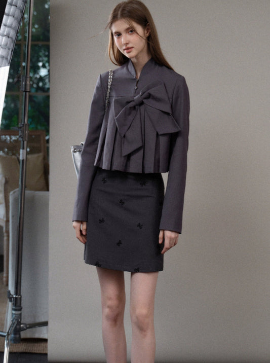 Gray Thin Suit Skirt Set-Up
