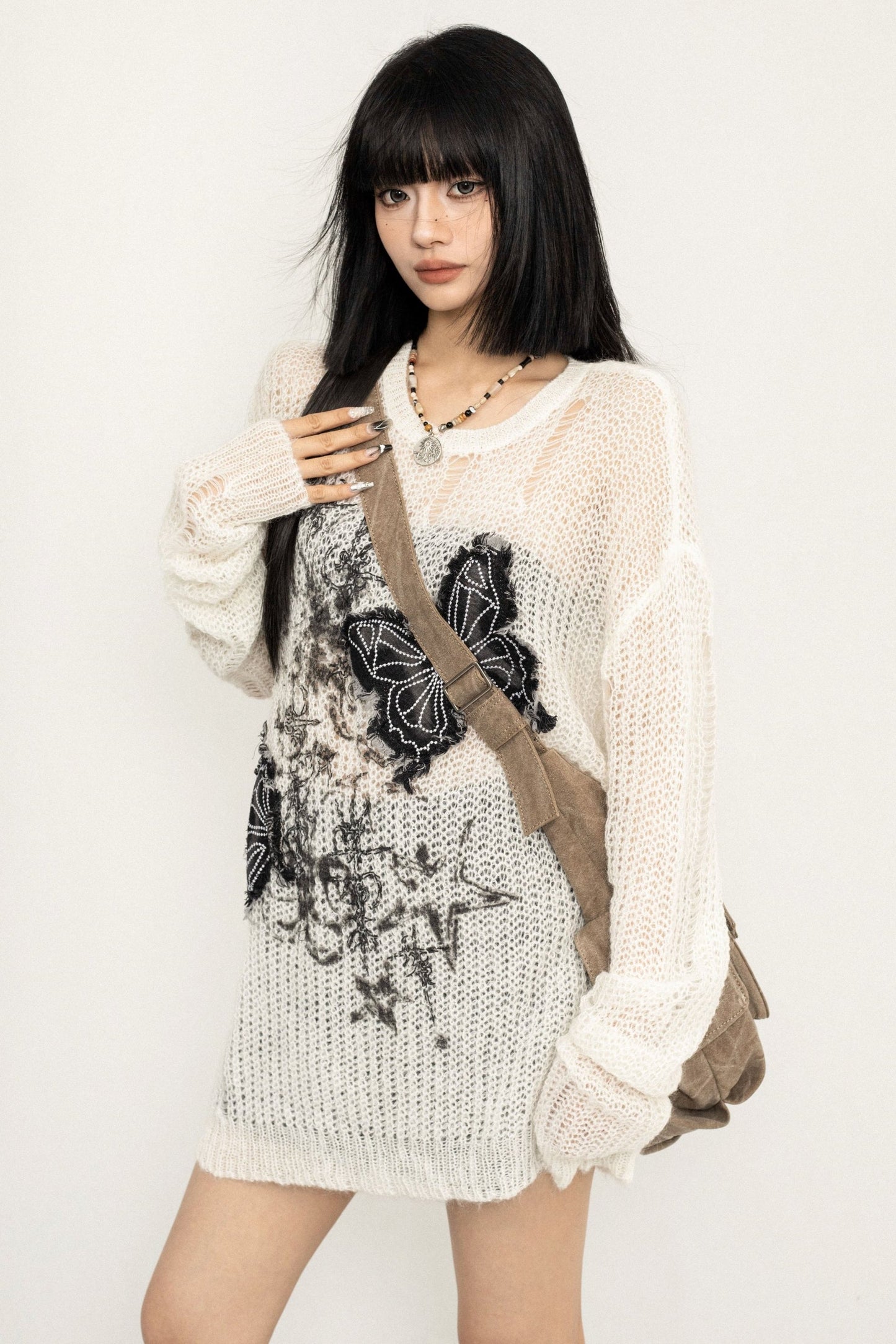 Vintage Butterfly Embroidery Mesh Knit Sweater