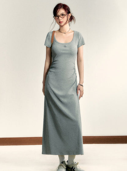 Square Neck Waist Cinched Long Dress