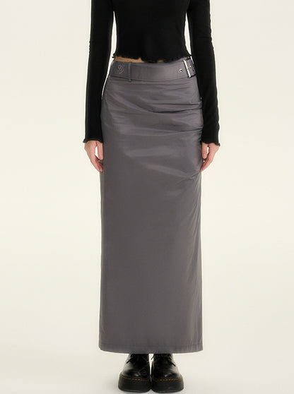 Shirred satin long pleated skirt