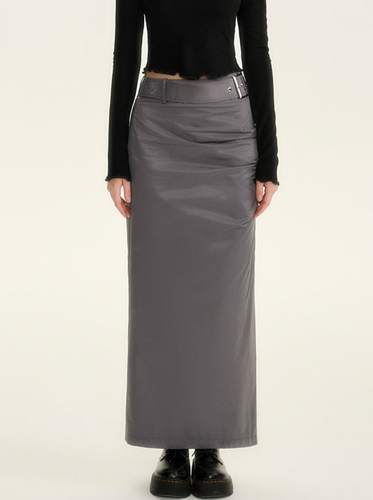 Shirred satin long pleated skirt