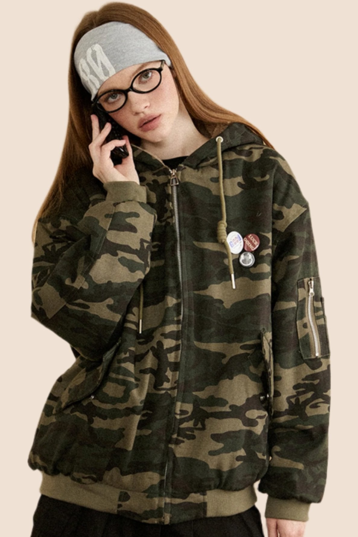 EZEK American Retro Lambswool Pile Thickened Camouflage Hooded Cotton Suit Women's Autumn and Winter Loose bf Cargo Jacket Tide