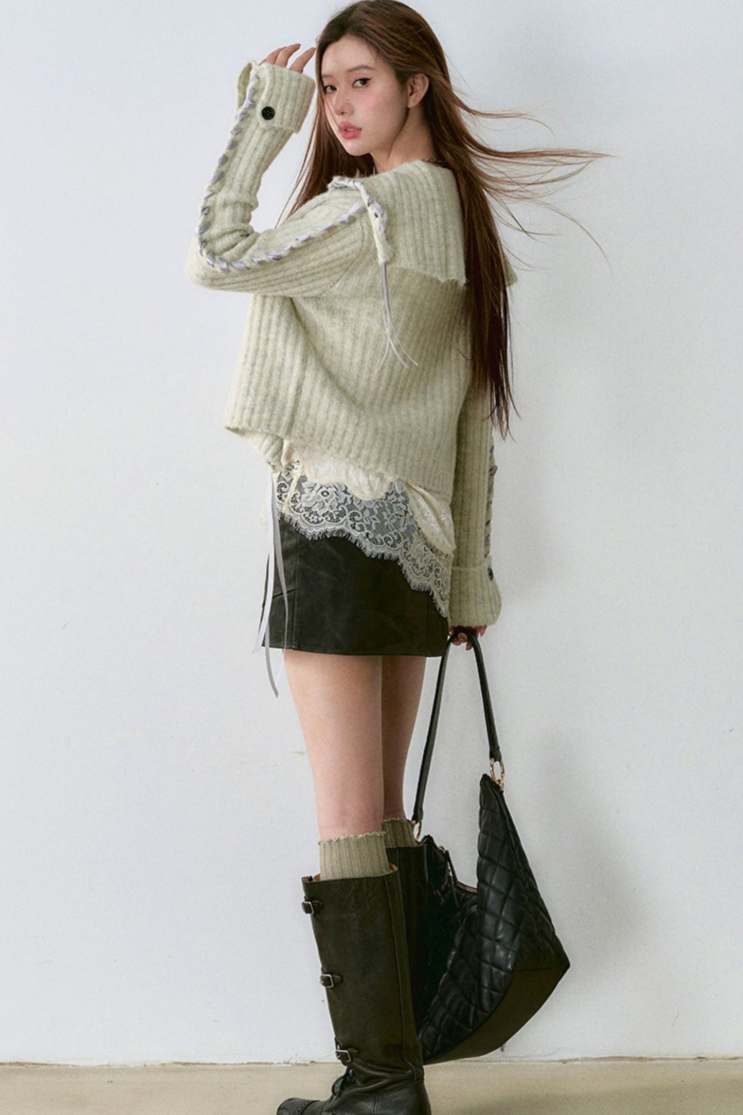 Lace Panel Sweater Jacket with Contrasting Knit Cardigan Vest