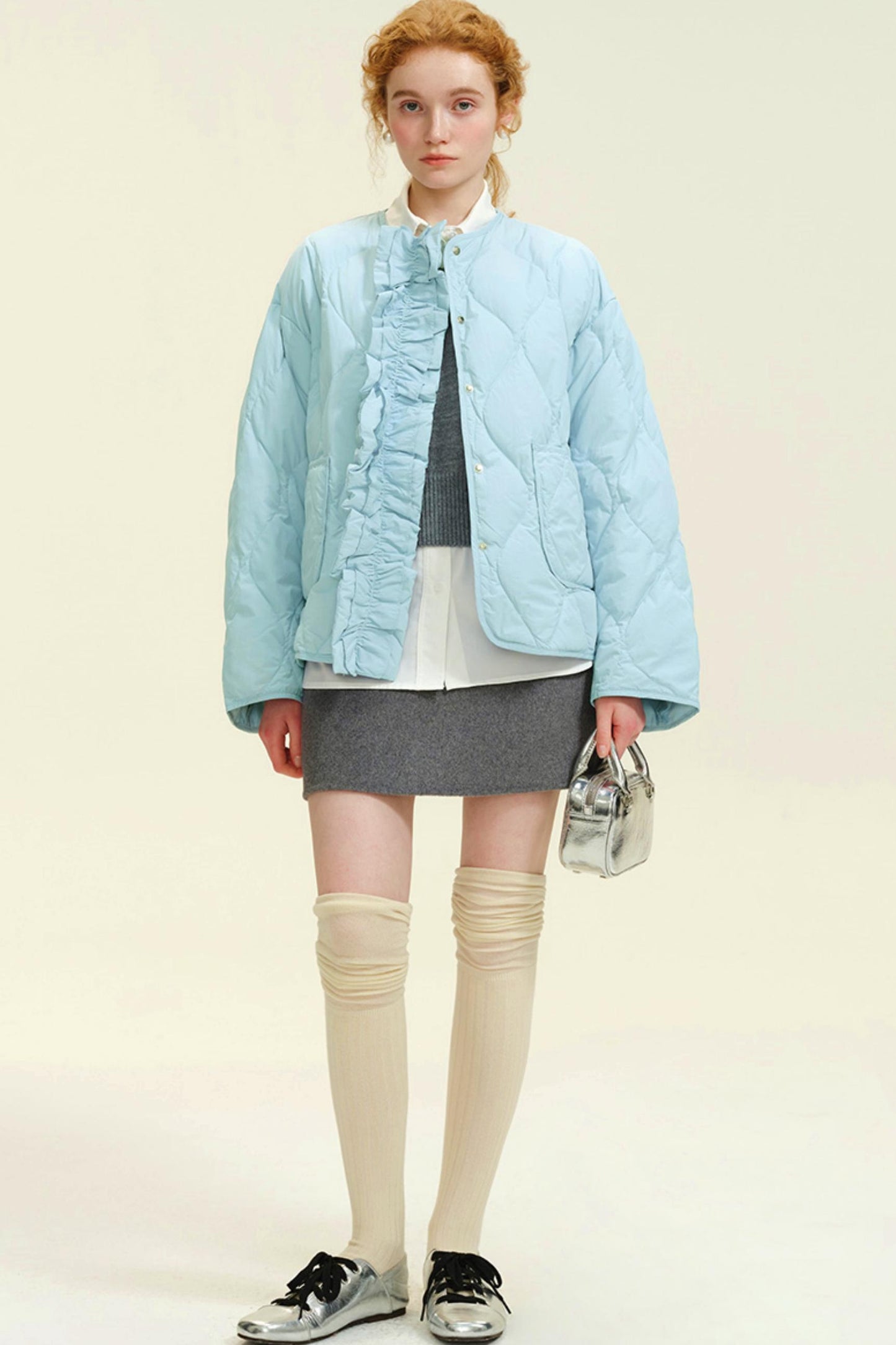 Blue Fungus Trimmed Short Down Jacket