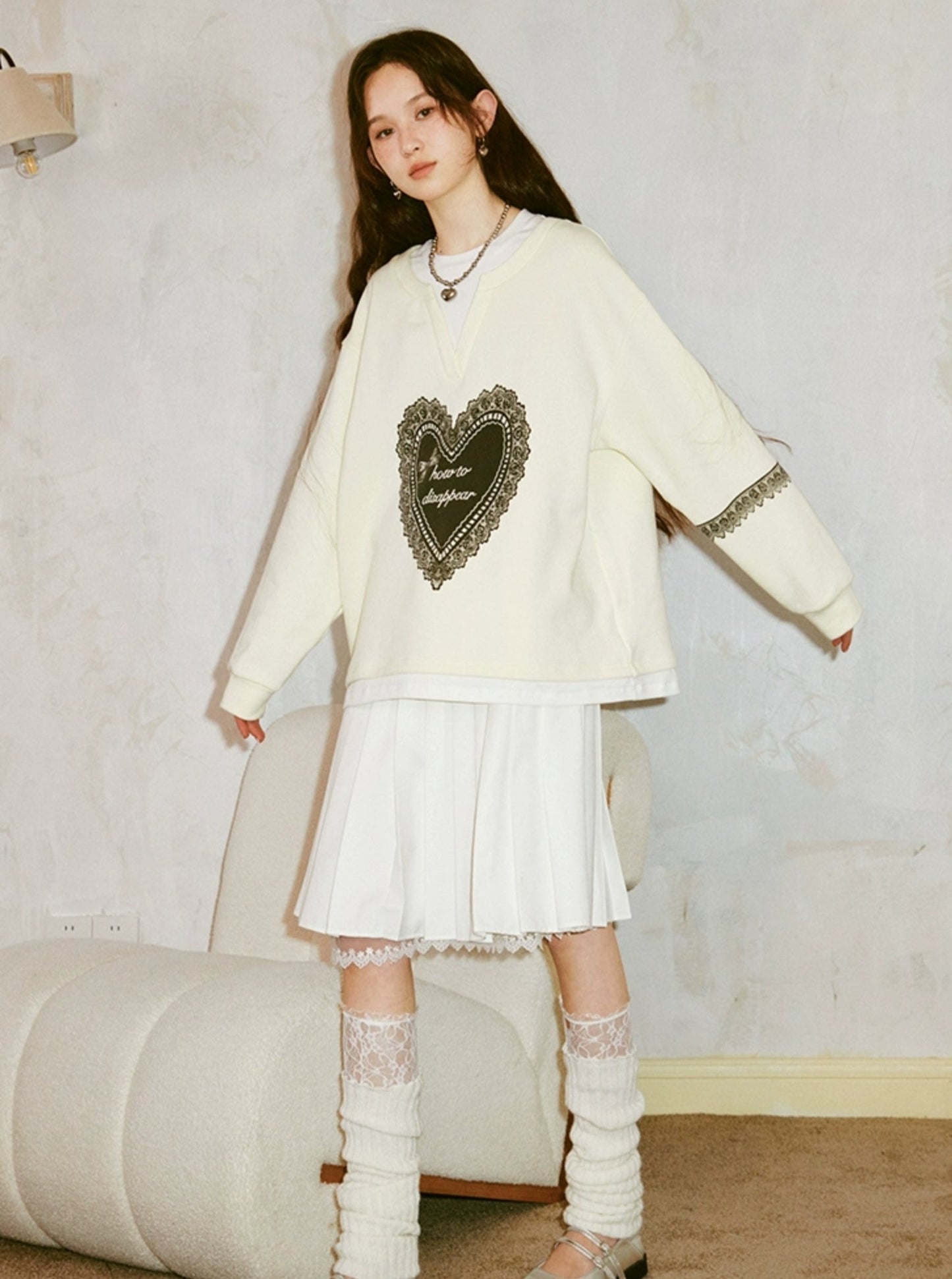 Lace Heart Print Loose Slouchy Top