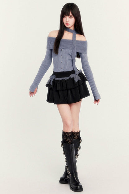 Gray Blue Cake Skirt Knitwear Set-UP