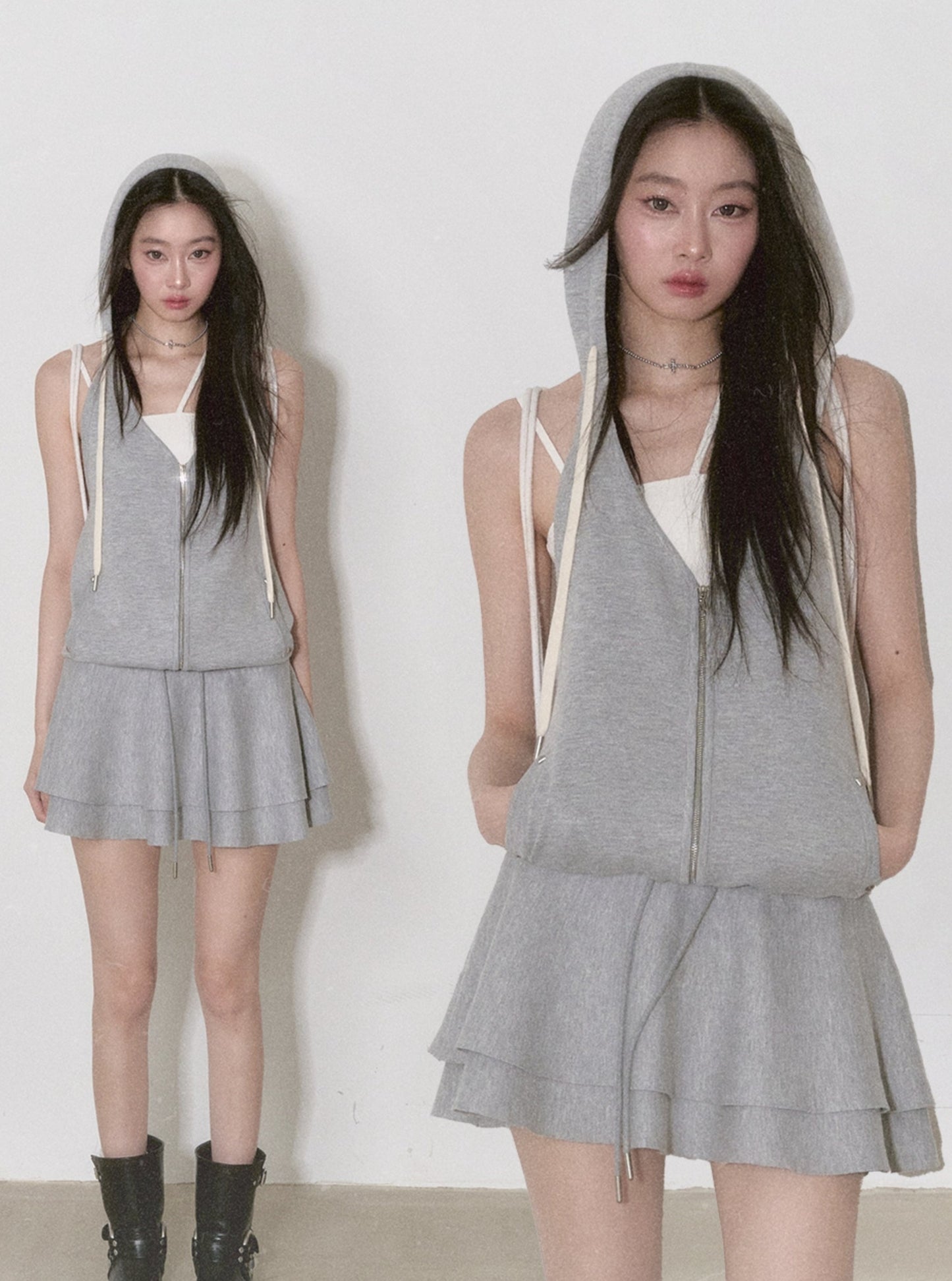 Gray Sleeveless Hooded Dress