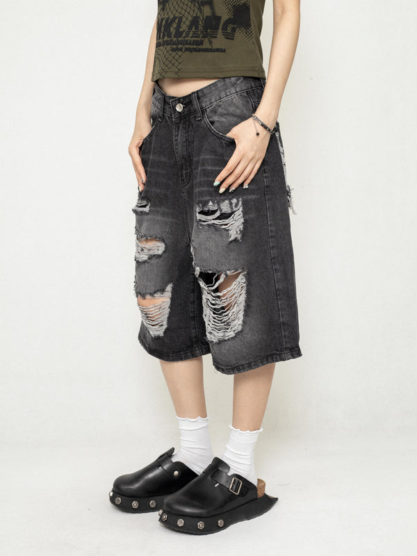 Punk Ripped Wide-Leg Shorts