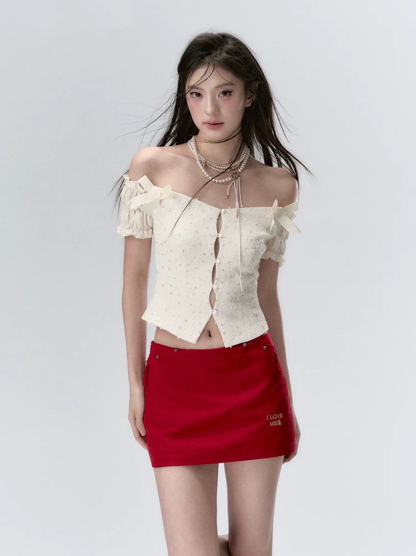 Pearl Mesh One-Shoulder Shirt