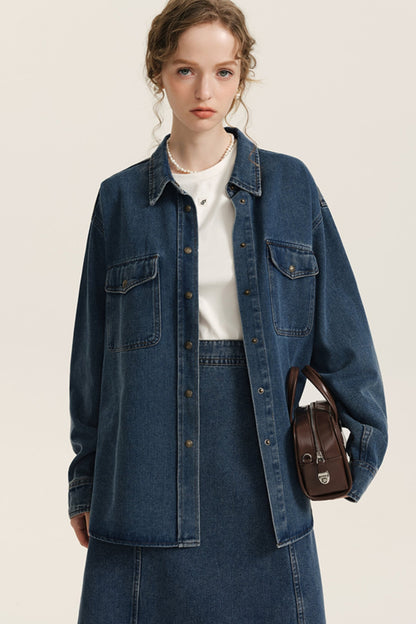 DESIGNER PLUS BLAU DENIM ANZUG FRAUEN HERBST LANGÄRMELIGES HEMD A-LINE ROCK HEMD ZWEITEILIGEN SATZ