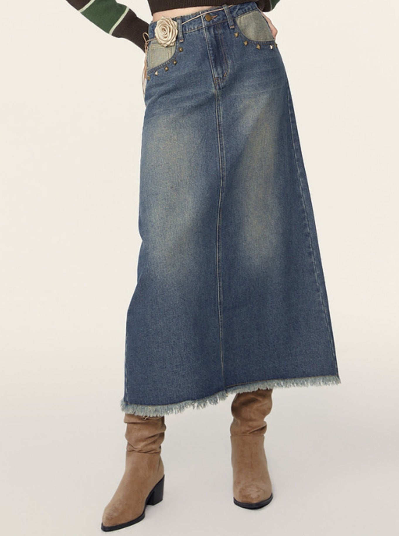Midi Washed Denim A-Line Skirt