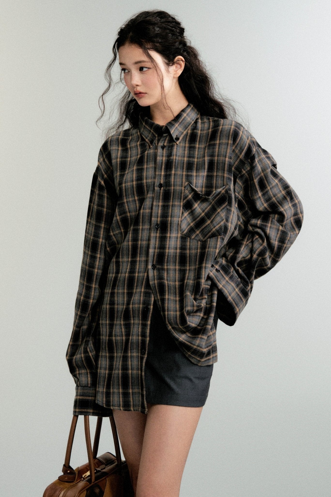 Color-Block Loose Check Long-Sleeed Shirt