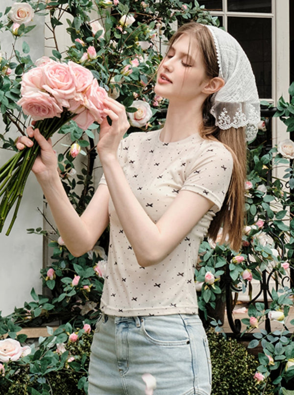 French Bow Print Short Sleeve Top