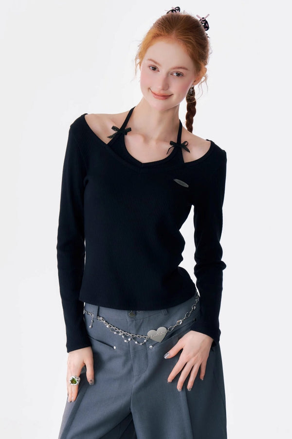 BOW HALTERNECK KNITTED LONG SLEEVE TOP