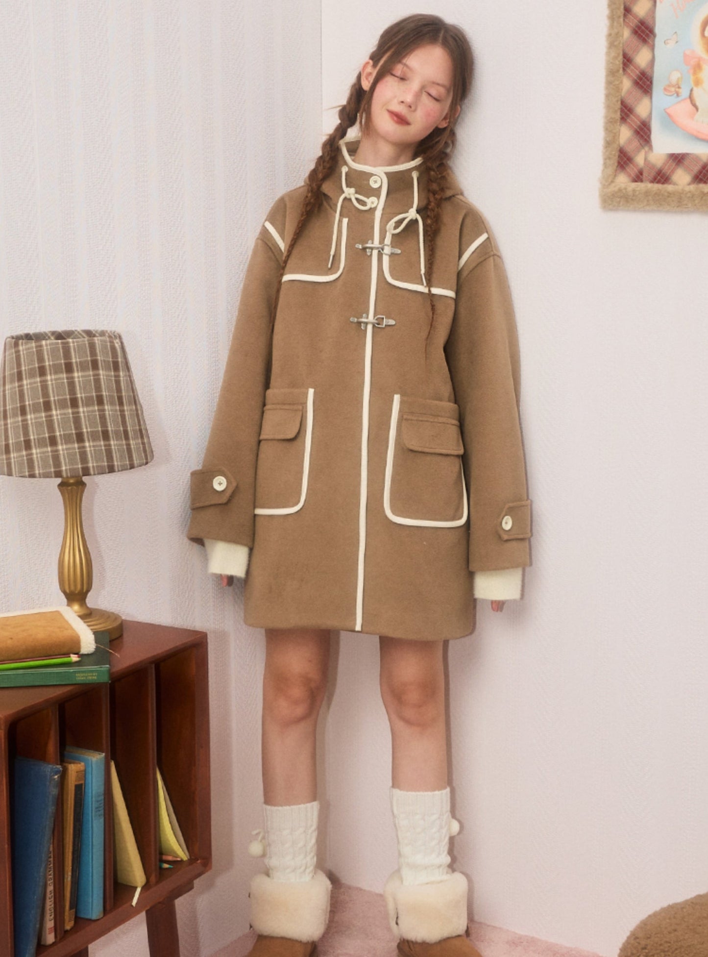 Woolen midlength hooded tweed coat