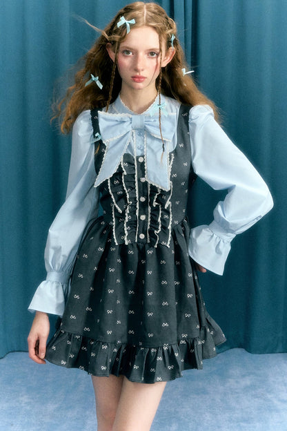 Erzähler Original Design blau grau Bogen College Puffärmel lange Ärmel gefälschte zweiteilige Kleid Tutu