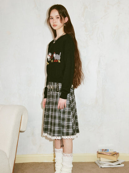 Vintage Elegant Lace Panelled Plaid Skirt