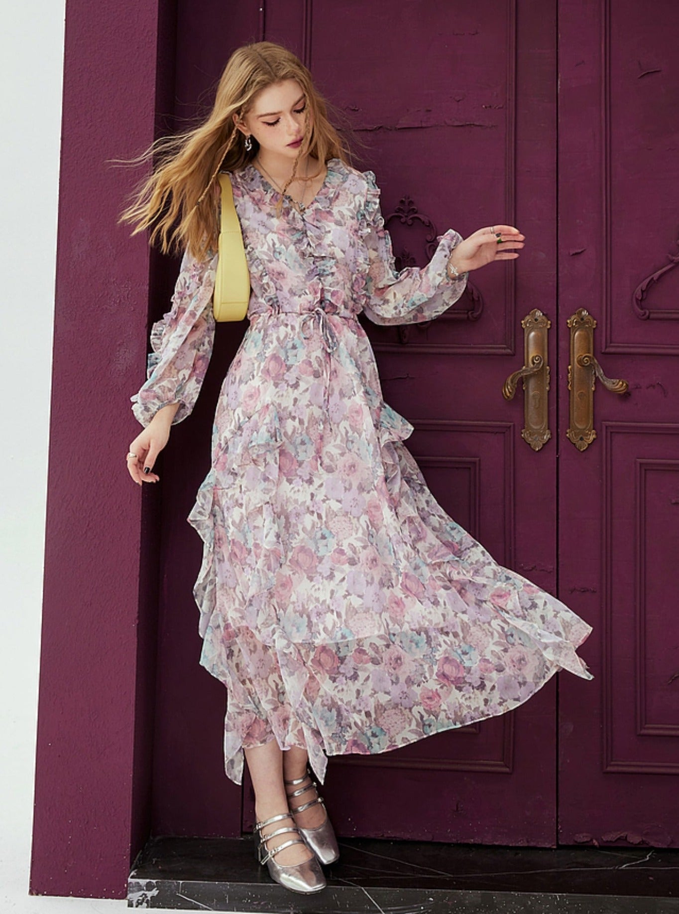 French V-Neck Floral Dress