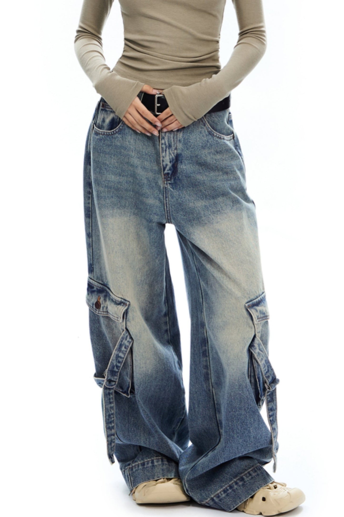 APEA American Retro Wash Distressed Cargo Jeans Women's Fall 2024 New Loose Straight Wide Leg Pants