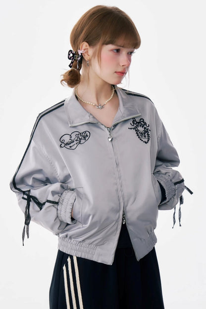 Retro Lace Bow Sporty Gray Jacket