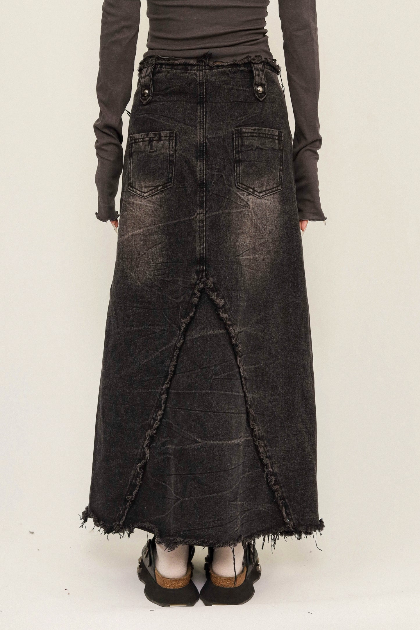 OCTTFLAB Original American Retro Design Denim Rock Women's 2024 Distressed Button A-Line Long Skirt