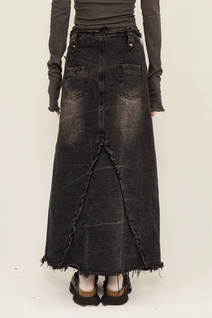 Distressed Button A-Line Denim Skirt