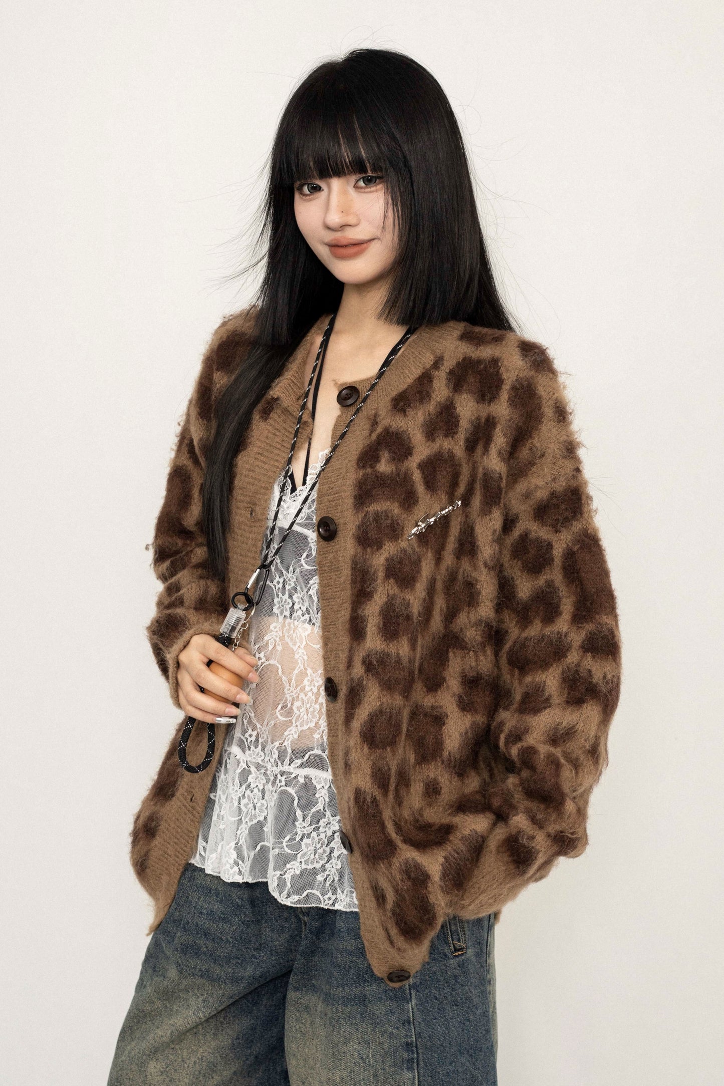 Loose Fit Leopard Print Knit Jacket