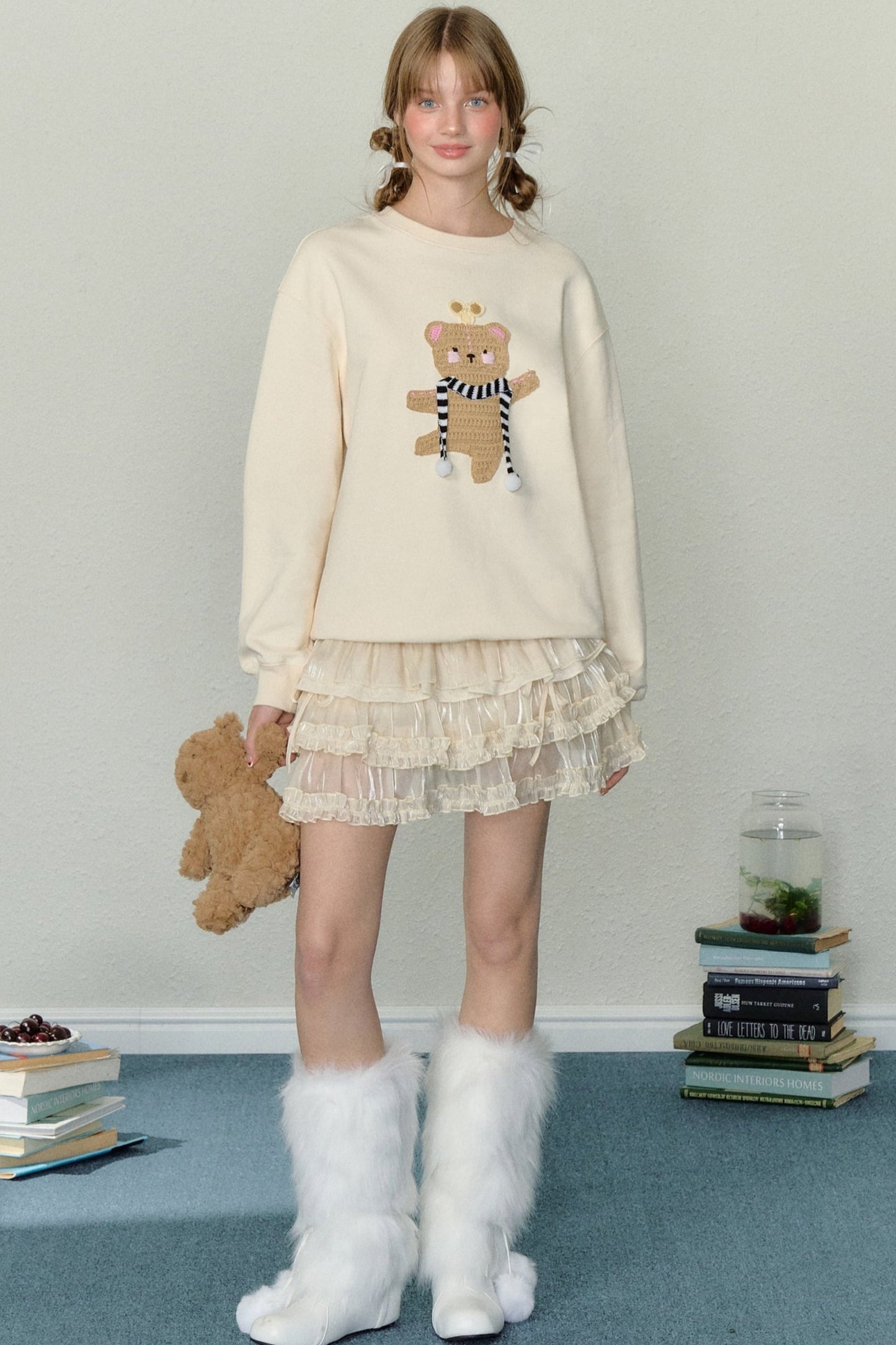 AYF Clockwork Dancing Bear Pullover Sweatshirt Pre-Fall French Vintage Embroidery Loose Slouchy Round Neck Sweatshirt Women