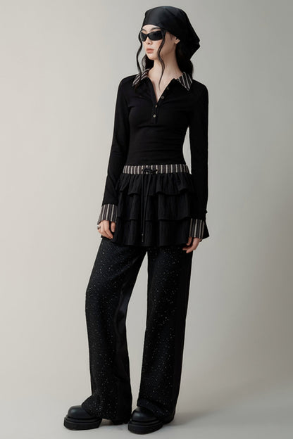 Black Sequin Draped Casual Pants